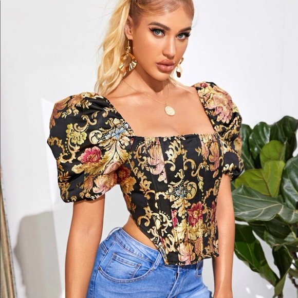 Puff sleeve top floral gold black jacquard runway fashion womens - Picture 4 of 5